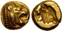 ANCIENT GREECE. LESBOS, MYTILENE. Electrum Hekte, circa 521-478 BC. Obv: head of roaring lion right. Rev: incuse head of calf right; rectangular punch behind. Extremely Fine; a superior example, boast