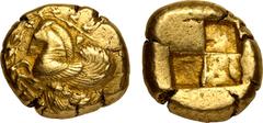 ANCIENT GREECE. MYSIA, LAMPSAKOS. Electrum Stater, circa 480-450 BC. Obv: forepart of Pegasos with curved wings left; vine with bunches of grapes around. Rev: quadripartite incuse square. Very Fine; a