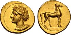 ANCIENT CARTHAGE. NORTH AFRICA, CARTHAGE. Gold Stater, circa 350-320 BC. Obv: wreathed head of Tanit left, wearing triple-pendant earring and necklace. Rev: horse standing right on ground line; cluste