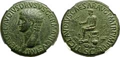 ROMAN EMPIRE. Nero Claudius Drusus (father of Claudius). Bronze Sestertius, AD 50-54. Rome. Obv: NERO CLAVDIVS DRVSVS GERMANICVS IMP, bare head left. Rev: TI CLAVDIVS CAESAR AVG P M TR P IMP P P, Empe