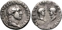 ROMAN EMPIRE. Vitellius, with Vitellius Germanicus (son of Emperor) and Vitellia (daughter). Silver Denarius, circa late April-20 December AD 69. Rome. Dynastic issue. Obv: A VITELLIVS GERMAN IMP TR P
