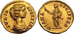 ROMAN EMPIRE. Julia Domna (wife of Septimius Severus). Gold Aureus, AD 196. Rome. Obv: IVLIA AVGVSTA, draped bust right. Rev: DIANA LVCIFERA, Diana standing left, holding torch in both hands. RIC IV 5