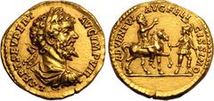 ROMAN EMPIRE. Septimius Severus. Gold Aureus, AD 196-197. Rome. Obv: L SEPT SEV PERT AVG IMP VIII, laureate, draped, and cuirassed bust right. Rev: ADVENTVI AVG FELICISSIMO, emperor, raising hand in s