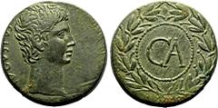 ROMAN PROVINCIAL. ASIA MINOR, UNCERTAIN MINT. Augustus. Bronze 'Sestertius', 25 BC. Obv: AVGVSTVS, bare head right. Rev: CA within rostral wreath Extremely Fine; exhibiting a beautiful green patina - 