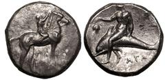 MAGNA GRAECIA. CALABRIA, TARENTUM. Silver Nomos, circa 302-280 BC. Sa-, Philiarchos and Aga-, magistrates. Obv: nude youth on horse standing right, crowning horse's head; ΣΑ to left, ΦΙΛI-APXOΣ in two