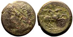 MAGNA GRAECIA. SICILY, SYRACUSE. Hieron II. Bronze Hemilitron, circa 230-215 BC. Obv: diademed male head left. Rev: warrior, holding lance, on horse prancing to right; N below, IEPΩNOΣ in exergue. Goo