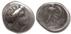 ANCIENT GREECE. LOKRIS, LOKRIS OPUNTII. Silver Triobol, circa 350-340 BC. Obv: head of Demeter right, wearing wreath of grain. Rev: Ajax advancing right, holding shield and sword, lion within shield; 