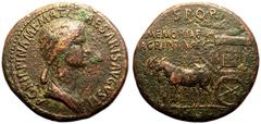 ROMAN EMPIRE. Agrippina Senior (mother of Caligula). Bronze Sestertius, AD 37-41. Rome. Obv: AGRIPPINA M F MAT C CAESARIS AVGVSTI, draped bust right. Rev: carpentum, with ornamented side and cover sup