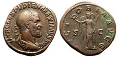 ROMAN EMPIRE. Pupienus. Bronze Sestertius, AD 238. Rome. Obv: IMP CAES PVPIEN MAXIMVS AVG, laureate, draped and cuirassed bust right. Rev: VICTORIA AVGG, Victory standing facing, head left, holding wr