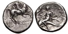 MAGNA GRAECIA. CALABRIA, TARENTUM. Silver Nomos, circa 272-240 BC. Di- and Apollonios, magistrates. Obv: helmeted warrior on horse right, holding spear and shield; ΔI to left; AΠOΛΛΩNIOΣ in two lines 