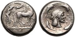 MAGNA GRAECIA. SICILY, SYRACUSE. temp. Hieron I. Silver Tetradrachm, circa 475-450 BC. Obv: charioteer, holding kentron and reins, driving walking quadriga right; above, Nike flying right, crowning ho