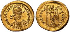 ROMAN EMPIRE. Basiliscus and Marcus. Gold Solidus, AD 475-476. Constantinople. Obv: D N bASILISCI EƮ MARC P AVG, pearl-diademed, helmeted and cuirassed bust facing slightly right, holding spear and sh
