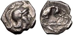 MAGNA GRAECIA. CALABRIA, TARENTUM. Silver Diobol, circa 380-325 BC. Obv: Head of Athena right, wearing crested Attic helmet. Rev: Herakles standing right, strangling the Nemean Lion; club to left, Z b