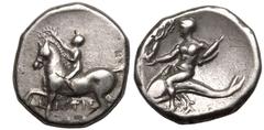 MAGNA GRAECIA. CALABRIA, TARENTUM. Silver Nomos, circa 272-240 BC. Aristis, magistrate. Obv: nude youth on horseback left, crowning horse with wreath and holding reins; ΑΡΙΣΤΙC and anchor below. Rev: 