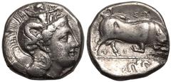 MAGNA GRAECIA. LUCANIA, THOURIOI. Silver Nomos, circa 350-300 BC. Obv: head of Athena right, wearing crested Attic helmet decorated with Skylla holding trident. Rev: [ΘΟΥΡΙΩΝ], bull butting right; ΣΩ 