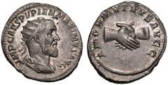 ROMAN EMPIRE. Pupienus. Silver Antoninianus, AD 238. Rome. Obv: IMP CAES PVPIEN MAXIMVS AVG, radiate, draped and cuirassed bust right. Obv: AMOR MVTVVS AVGG, clasped hands. About Extremely Fine; under
