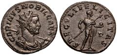 ROMAN EMPIRE. Carinus (Caesar). Billon Antoninianus, AD 282-283. Lugdunum. Obv: CARINVS NOBIL CAES, radiate, draped and cuirassed bust right, holding spear over shoulder. Rev: SAECVLI FELICITAS, Princ
