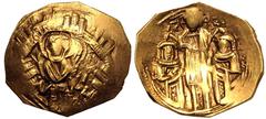BYZANTINE EMPIRE. Andronicus II Palaeologus with Michael IX. Gold Hyperpyron, AD 1303-1320. Constantinople. Obv: half-length figure of the Virgin Mary, orans, within city walls with six towers; I-I ac
