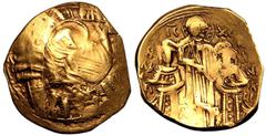 BYZANTINE EMPIRE. Andronicus II Palaeologus with Michael IX. Gold Hyperpyron, AD 1303-1320. Constantinople. Obv: half-length figure of the Virgin Mary, orans, within city walls with six towers; I-I ac