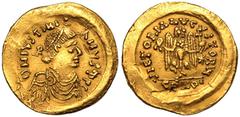 MIGRATIONARY. LOMBARDS(?). Gold Tremissis, mid 6th Century AD. Lombardy(?). Pseudo-Imperial issue, in the name of Justinian I. Obv: D N IVSTINIANVS P P C, pearl-diademed, draped and cuirassed bust rig