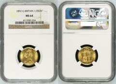 MS 64 | UNITED KINGDOM. Victoria, 1837-1901. Gold Half-Sovereign, 1892. London. No JEB Low shield DISH L516. The production of half-sovereigns was held back for several years to steer the public towar