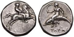 MAGNA GRAECIA. CALABRIA, TARENTUM. Silver Nomos, circa 390-385 BC. Obv: nude youth, holding rein, riding horse galloping right. Rev: Taras, nude, holding akrostolion, riding dolphin, inscribed with H,