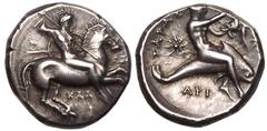 MAGNA GRAECIA. CALABRIA, TARENTUM. Silver Nomos, circa 333-330 BC. Kal- and Ari-, magistrates. Obv: nude warrior, with shield on left arm, holding two spears in left hand and preparing to cast a third