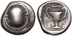 ANCIENT GREECE. BOEOTIA, FEDERAL COINAGE. Silver Hemidrachm, circa 395-340 BC. Thebes(?). Obv: Boeotian shield. Rev: kantharos; BO-I flanking, club above, ivy-leaf in right field. Very Fine. From the 