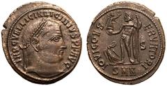 ROMAN EMPIRE. Licinius I. Billon Nummus, AD 313-317. Nicomedia. Obv: IMP C VAL LICIN LICINIVS P F AVG, laureate head right. Rev: IOVI CONSERVATORI, Jupiter standing left, holding sceptre and Victory w