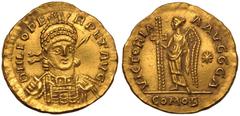 MIGRATIONARY. PSEUDO-IMPERIAL. Uncertain Ruler. Gold Solidus, late 5th Century AD. In the name of Leo I. Obv: D N LEO PERPET AVG, pearl-diademed, helmeted and cuirassed bust facing slightly right, hol
