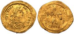 MIGRATIONARY. PSEUDO-IMPERIAL. Lombards(?). Gold Tremissis, mid 6th Century AD. In the name of Justinian I. Obv: D N IVSTINIANVS P P AVC, pearl-diademed, draped and cuirassed bust right. Rev: VICTORIA
