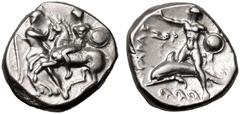 MAGNA GRAECIA. CALABRIA, TARENTUM. Silver Nomos, circa 280 BC. Lykiskos and Zor-, magistrates. Obv: warrior, nude but for crested helmet, wearing shield on arm and holding spear, on horse prancing lef