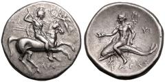 MAGNA GRAECIA. CALABRIA, TARENTUM. Silver Nomos, circa 280-272 BC. Lykon, Si- and Gy-, magistrates. Obv: cavalryman, nude but for helmet, with shield over far shoulder, striking downwards with spear i