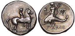 MAGNA GRAECIA. CALABRIA, TARENTUM. Silver Nomos, circa 272-240 BC. Philemenos, magistrate. Obv: youth on horse right; ΦI before, ΦIΛHMENOΣ below. Rev: Taras astride dolphin left, holding tripod and tr
