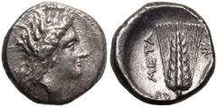 MAGNA GRAECIA. LUCANIA, METAPONTION. Silver Nomos, circa 330-290 BC. Obv: head of Demeter right wearing grain wreath, triple-drop earring and necklace; EY under chin. Rev: ear of barley with leaf righ