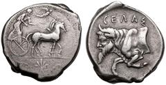 MAGNA GRAECIA. SICILY, GELA. Silver Tetradrachm, circa 450-440 BC. Obv: charioteer, holding kentron and reins, driving slow quadriga right; above, Nike flying right, crowning horses with wreath; palme