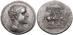 ANCIENT GREECE. GRECO-BAKTRIAN KINGDOM. Eukratides I 'the Great'. Silver Tetradrachm, circa 170-145 BC. Obv: diademed and draped bust right. Rev: the Dioskouroi on horses prancing right, each holding 