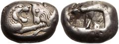 ANCIENT GREECE. KINGDOM OF LYDIA. Kroisos. Silver Stater, circa 564-539 BC. Sardes. Obv: confronted foreparts of lion right and bull left. Rev: two incuse squares. Good Very Fine. Ex Classical Numisma