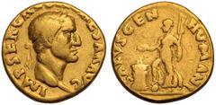 ROMAN EMPIRE. Galba. Gold Aureus, AD 68. Rome. Obv: IMP SER GALBA CAESAR AVG, laureate head right. Rev: SALVS GEN HVMANI, draped female figure (Salus?) advancing left with foot on globe, sacrificing f