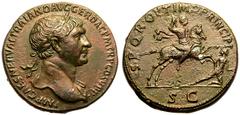 ROMAN EMPIRE. Trajan. Bronze Sestertius, AD 104-107. Rome. Obv: IMP CAES NERVAE TRAIANO AVG GER DAC P M TR P COS V P P, laureate bust right, slight drapery on far shoulder. Rev: S P Q R OPTIMO PRINCIP