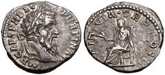 ROMAN EMPIRE. Pertinax. Silver Denarius, AD 193. Rome. Obv: IMP CAES P HELV PERTIN AVG, laureate head right. Rev: OPI DIVIN TR P COS II, Ops seated left, holding corn ears. About Extremely Fine; light