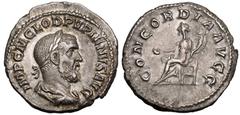 ROMAN EMPIRE. Pupienus. Silver Denarius, AD 238. Rome. Obv: IMP C M CLOD PVPIENVS AVG, laureate, draped and cuirassed bust right. Rev: CONCORDIA AVGG, Concordia seated left, holding patera and double 
