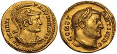 ROMAN EMPIRE. Constantius I (Caesar). Gold Aureus, AD 302. Treveri. Obv: CONSTANTIVS N C, laureate head of Constantius right. Rev: MARTI PROPVGNATORI, helmeted and cuirassed bust of Mars right; TR ben