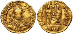 ROMAN EMPIRE. Anthemius, with Leo I. Gold Solidus, AD 467-470. Mediolanum. Obv: D N ANTHEMIVS P E AVG, pearl-diademed, helmeted and cuirassed bust of Anthemius facing slightly right, holding spear and