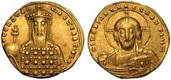 BYZANTINE EMPIRE. Constantine VII 'Porphyrogenitus'. Gold Solidus, AD 945. Constantinople. Obv: ⧾ IҺS XPS RЄX RЄςNANTIЧM, bust of Christ Pantokrator facing. Rev: ⧾ COҺSTAҺT AVT CRATIO h'o, crowned bus
