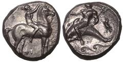 MAGNA GRAECIA. CALABRIA, TARENTUM. Silver Nomos, circa 332-302 BC. Phi-, magistrate. Obv: nude youth on horseback right; ΦI below. Rev: Taras astride dolphin left, holding kantharos and trident; eagle