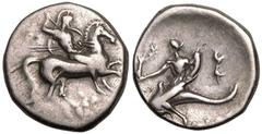 MAGNA GRAECIA. CALABRIA, TARENTUM. Silver Nomos, circa 280-272 BC. Eu-, Sostratos, and Poly-, magistrates. Obv: nude, helmeted warrior on horseback right, preparing to cast spear downward with right h