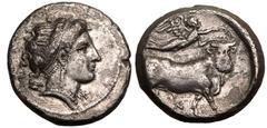 MAGNA GRAECIA. CAMPANIA, NEAPOLIS. Silver Nomos, circa 300 BC. Obv: head of nymph right; astragalos and monogram flanking neck. Rev: man-headed bull standing right; above, Nike flying right, crowning 