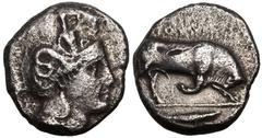 MAGNA GRAECIA. LUCANIA, THOURIOI. Silver Distater, circa 400-350 BC. Obv: head of Athena right, wearing crested Attic helmet decorated with Skylla; IΔ behind neck guard. Rev: bull butting right, ΘOYPI