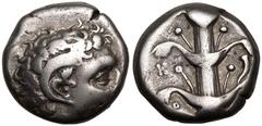 ANCIENT GREECE. KYRENAIKA, KYRENE. Magas (Ptolemaic governor). Silver Didrachm, circa 300-275 BC. Obv: horned head of Zeus Karneios right. Rev: silphium plant; K-Y-P-A across upper and lower fields, c